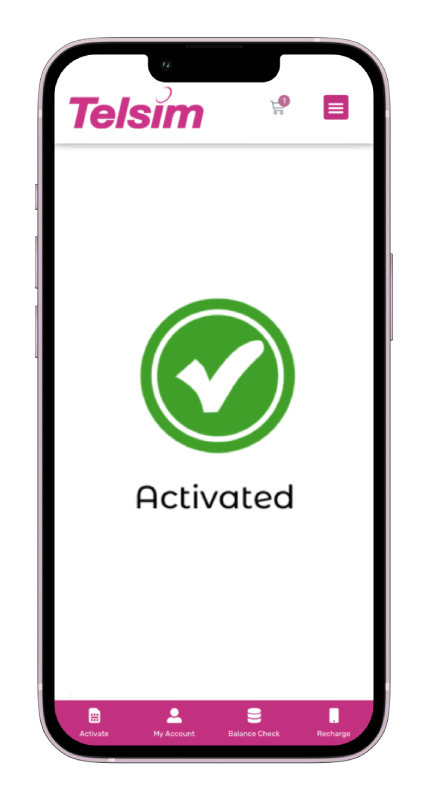 Telsim eSIM Australia - Activation Success Screen A view of the successful Telsim eSIM Australia activation process where a green tick is shown on the mobile screen.
